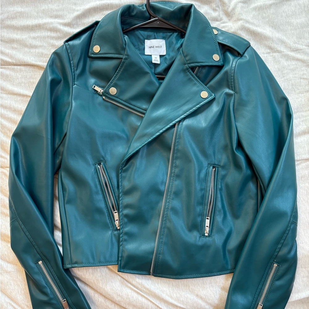 Nine West Teal Faux Leather Jacket Asymmetrical Zipper Style